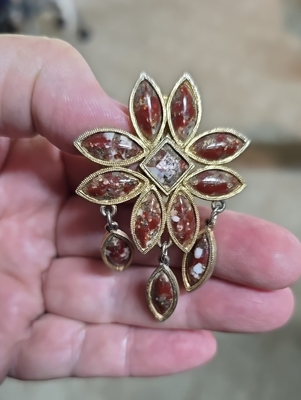 Vintage Signed Celebrity NY Gold-Tone Floral Drop Brooch with Red Marbled Inlays